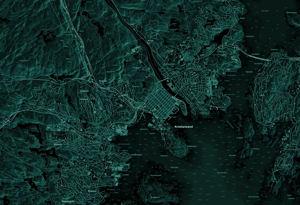 Map of Kristiansand with Proffmegleren's office in Fjellgata 6